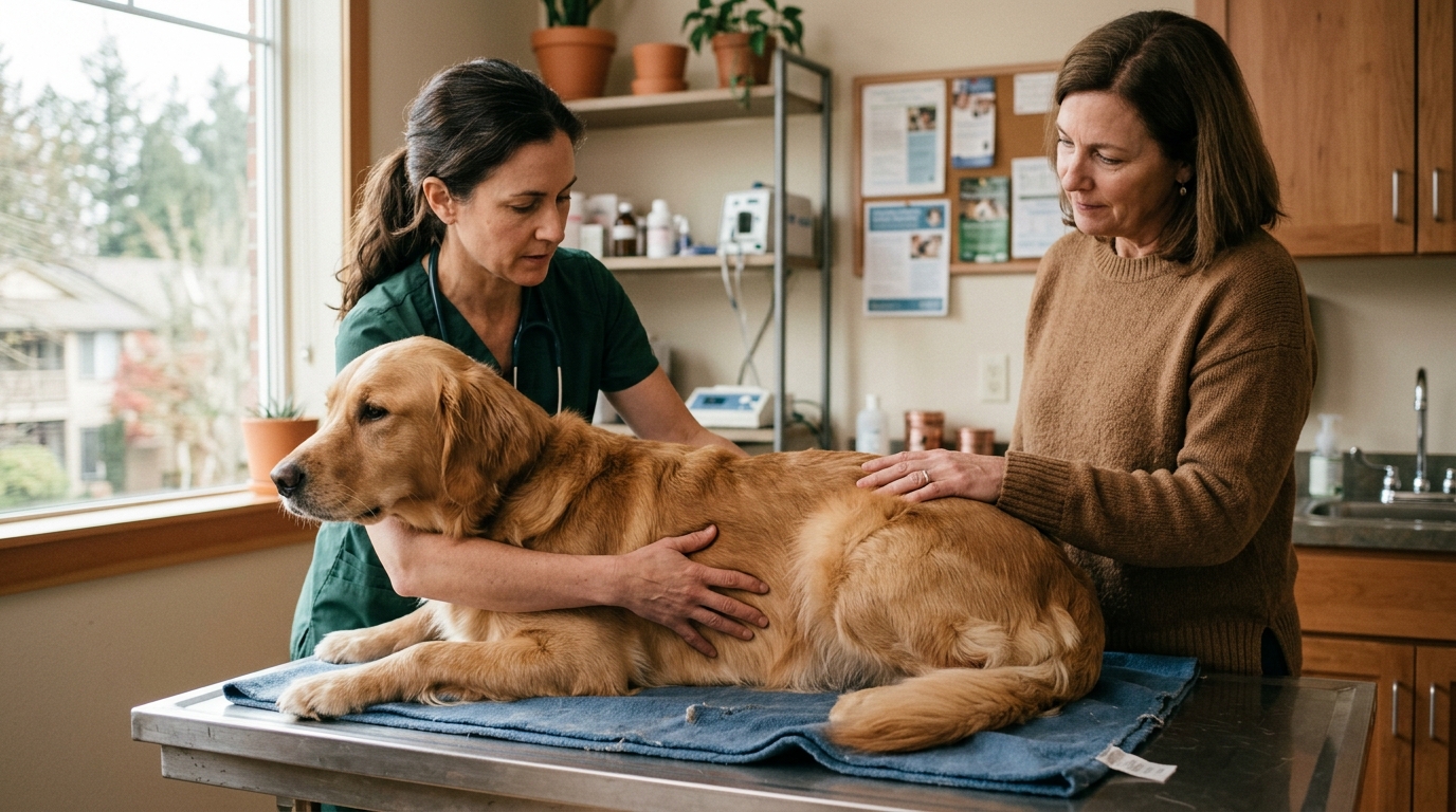 Veterinária e tutora examinando um cão com cuidado em ambiente claro